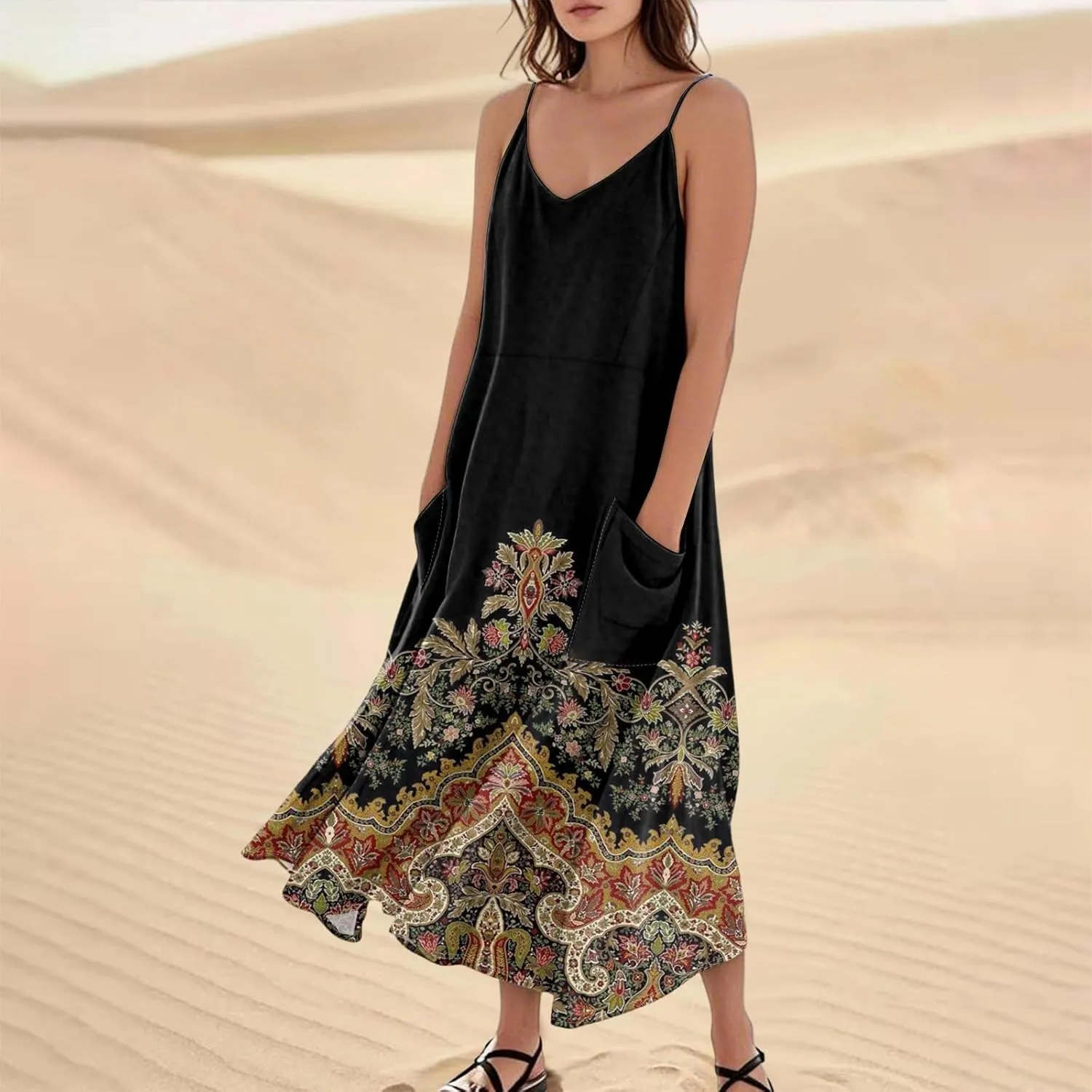 Kenvina Maxi Dresses for Women Summer Casual Sundress Printed O Neck Tank Dress Loose Beach Vacation Dress with Pockets