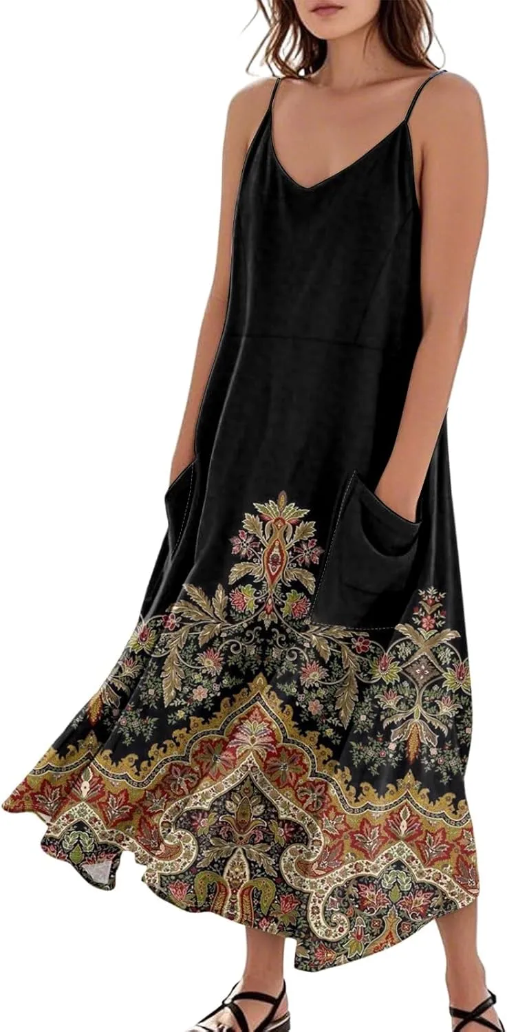 Kenvina Maxi Dresses for Women Summer Casual Sundress Printed O Neck Tank Dress Loose Beach Vacation Dress with Pockets