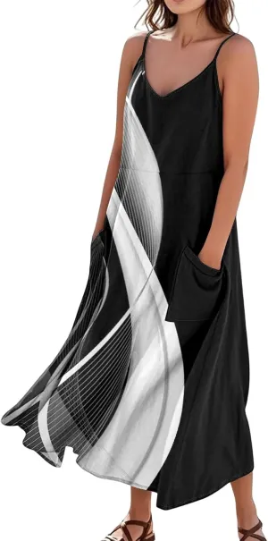 Kenvina Maxi Dresses for Women Summer Casual Sundress Printed O Neck Tank Dress Loose Beach Vacation Dress with Pockets