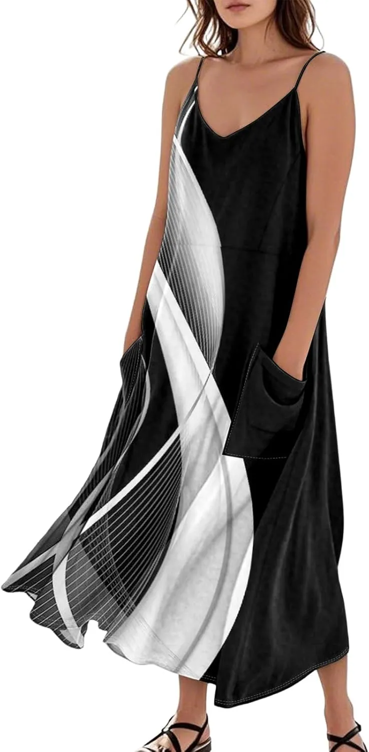 Kenvina Maxi Dresses for Women Summer Casual Sundress Printed O Neck Tank Dress Loose Beach Vacation Dress with Pockets