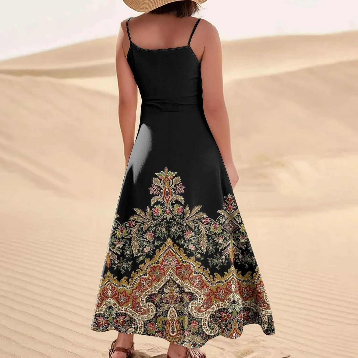 Kenvina Maxi Dresses for Women Summer Casual Sundress Printed O Neck Tank Dress Loose Beach Vacation Dress with Pockets