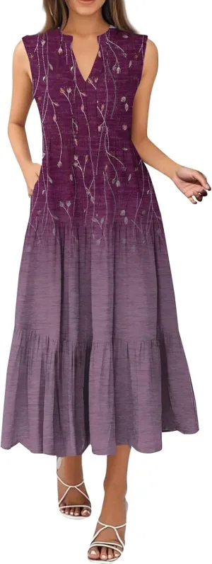 Kenvina Summer Dresses for Women 2025 Maxi Casual Floral Boho Sundresses Sleeveless V-Neck Pleated Beach Vacation Tank Dress
