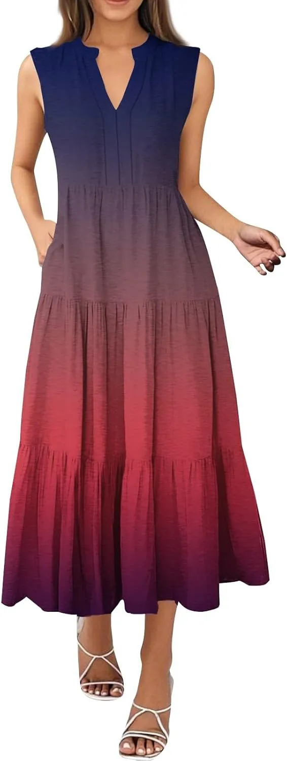 Kenvina Summer Dresses for Women 2025 Maxi Casual Floral Boho Sundresses Sleeveless V-Neck Pleated Beach Vacation Tank Dress
