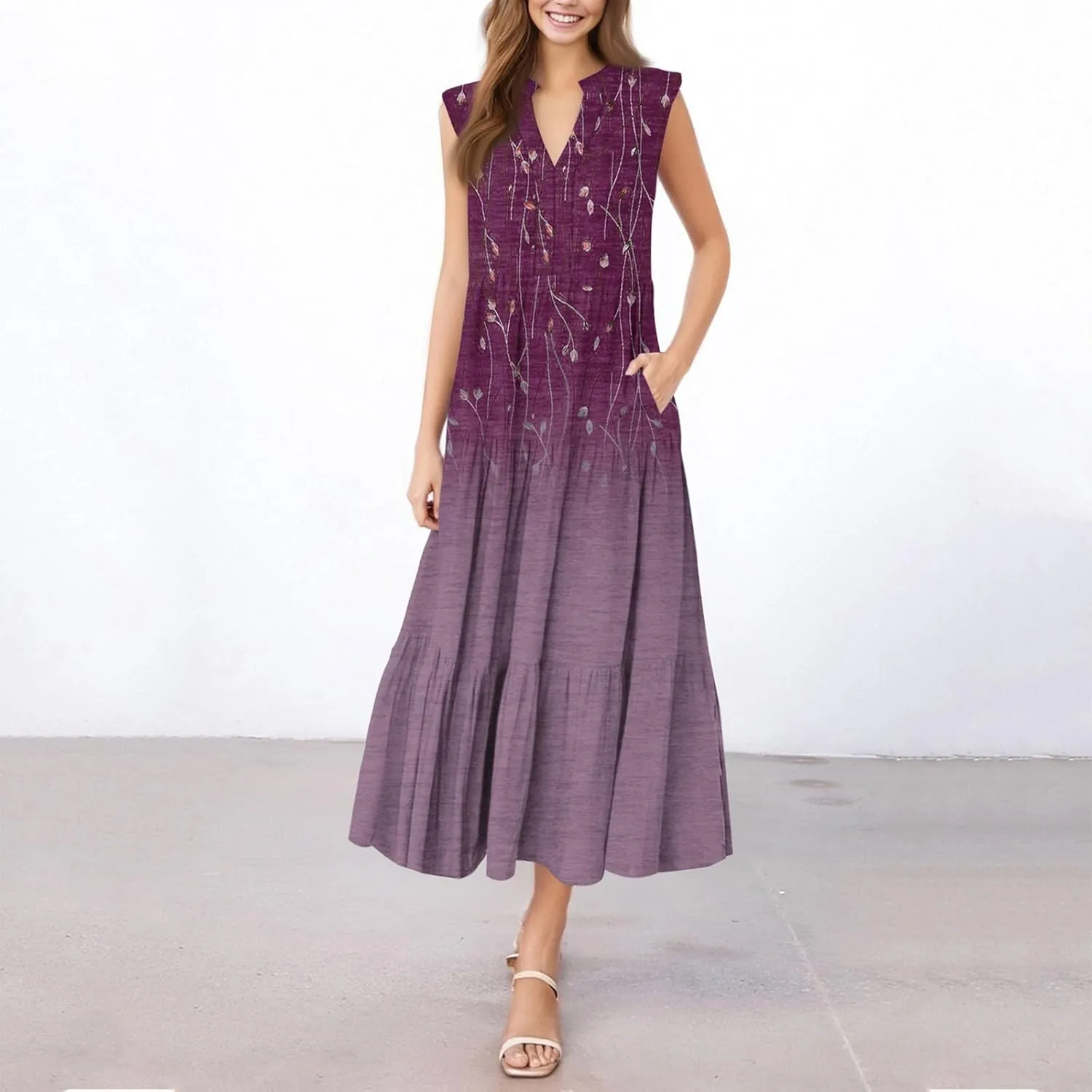 Kenvina Summer Dresses for Women 2025 Maxi Casual Floral Boho Sundresses Sleeveless V-Neck Pleated Beach Vacation Tank Dress
