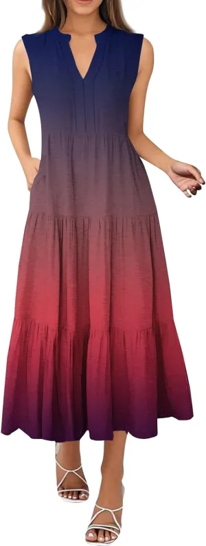 Kenvina Summer Dresses for Women 2025 Maxi Casual Floral Boho Sundresses Sleeveless V-Neck Pleated Beach Vacation Tank Dress