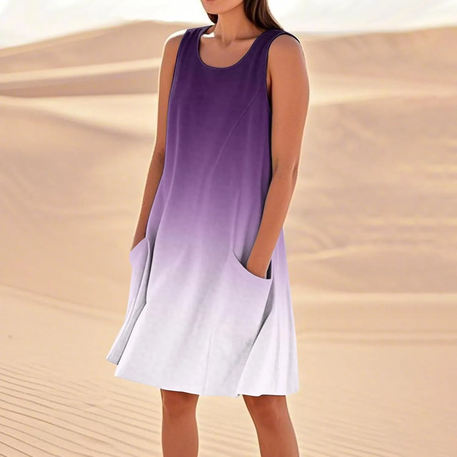 Kenvina Summer Dresses for Women Sleeveless Sundress Printed Round Neck Tank Dress Loose Beach Vacation Dress with Pockets