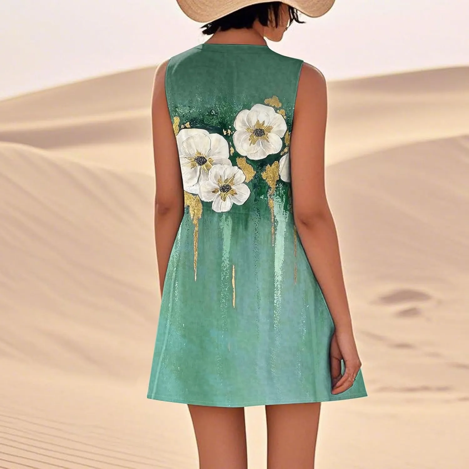 Kenvina Summer Dresses for Women Sleeveless Sundress Printed Round Neck Tank Dress Loose Beach Vacation Dress with Pockets