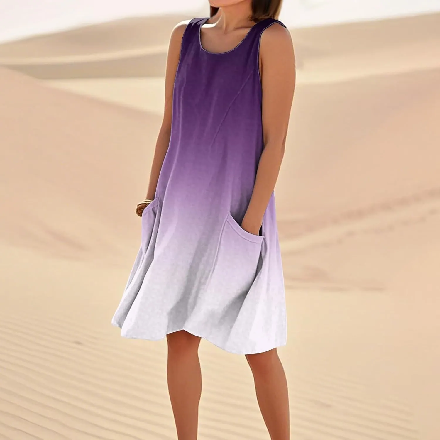 Kenvina Summer Dresses for Women Sleeveless Sundress Printed Round Neck Tank Dress Loose Beach Vacation Dress with Pockets