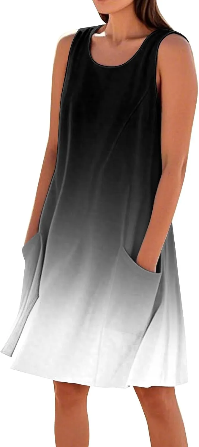 Kenvina Summer Dresses for Women Sleeveless Sundress Printed Round Neck Tank Dress Loose Beach Vacation Dress with Pockets