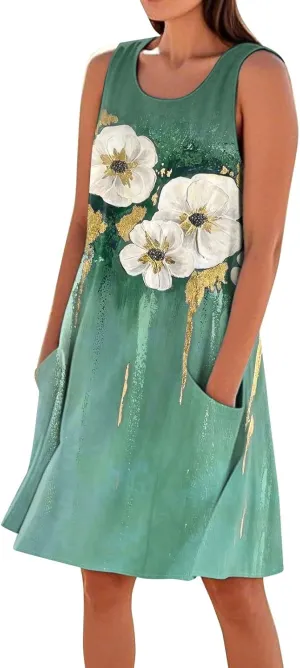 Kenvina Summer Dresses for Women Sleeveless Sundress Printed Round Neck Tank Dress Loose Beach Vacation Dress with Pockets