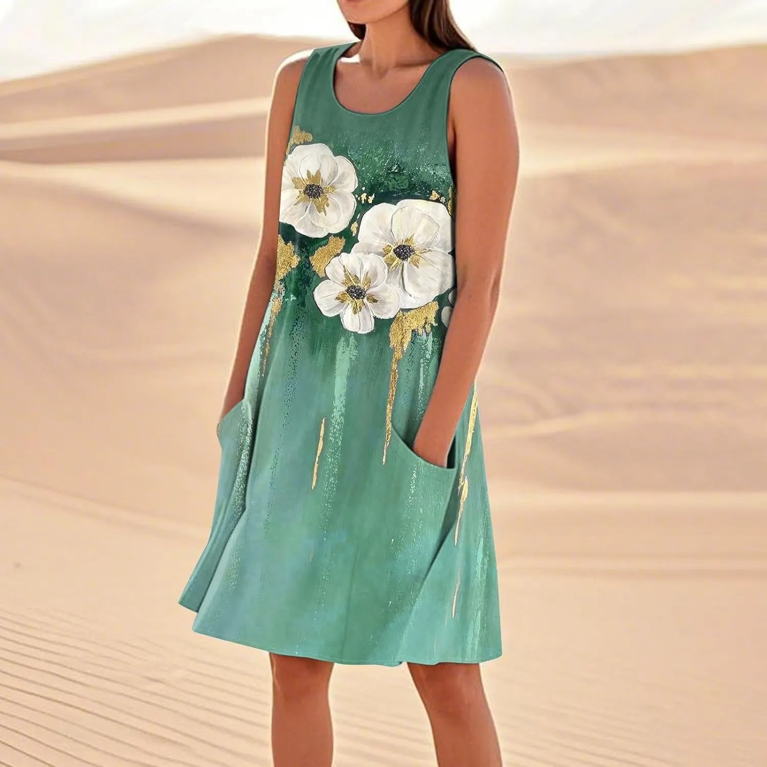 Kenvina Summer Dresses for Women Sleeveless Sundress Printed Round Neck Tank Dress Loose Beach Vacation Dress with Pockets