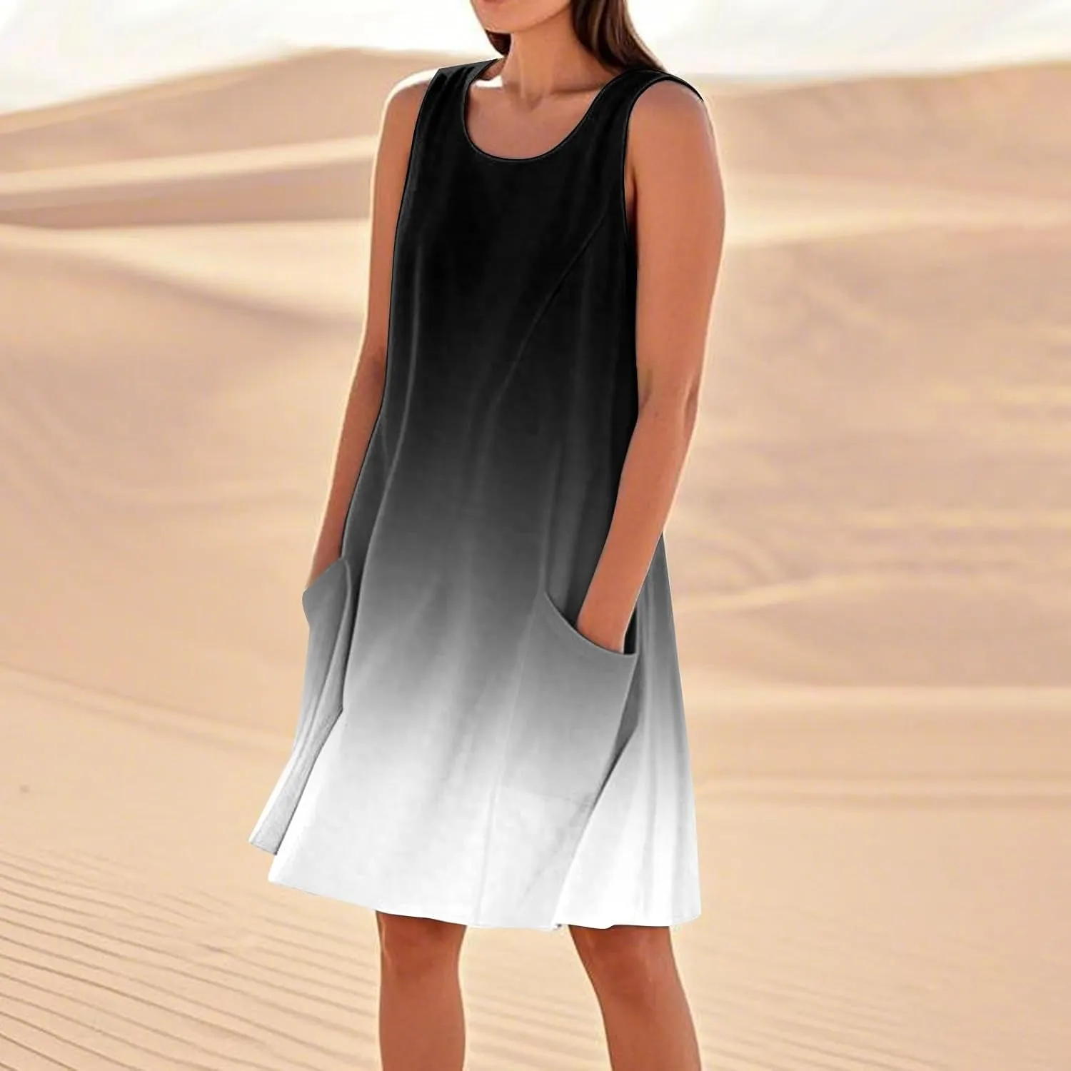 Kenvina Summer Dresses for Women Sleeveless Sundress Printed Round Neck Tank Dress Loose Beach Vacation Dress with Pockets