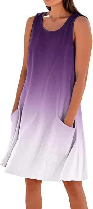 Kenvina Summer Dresses for Women Sleeveless Sundress Printed Round Neck Tank Dress Loose Beach Vacation Dress with Pockets