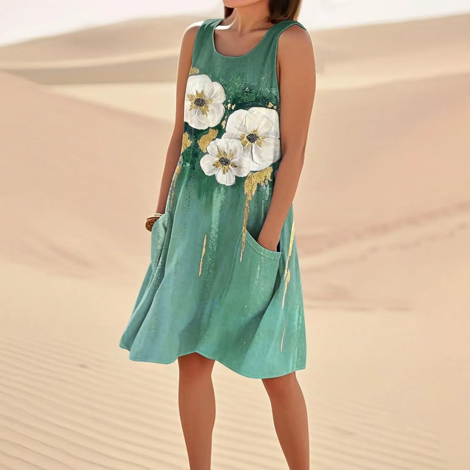 Kenvina Summer Dresses for Women Sleeveless Sundress Printed Round Neck Tank Dress Loose Beach Vacation Dress with Pockets