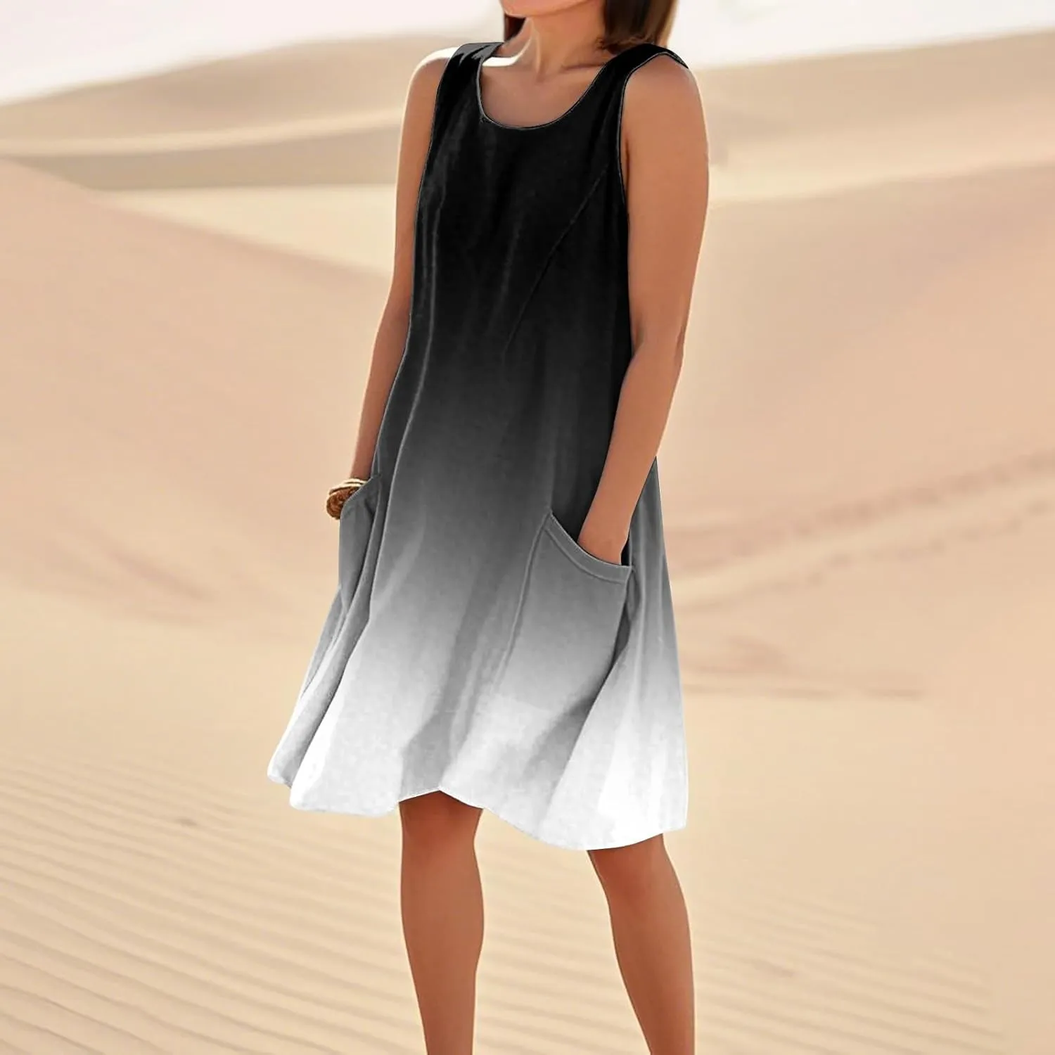 Kenvina Summer Dresses for Women Sleeveless Sundress Printed Round Neck Tank Dress Loose Beach Vacation Dress with Pockets
