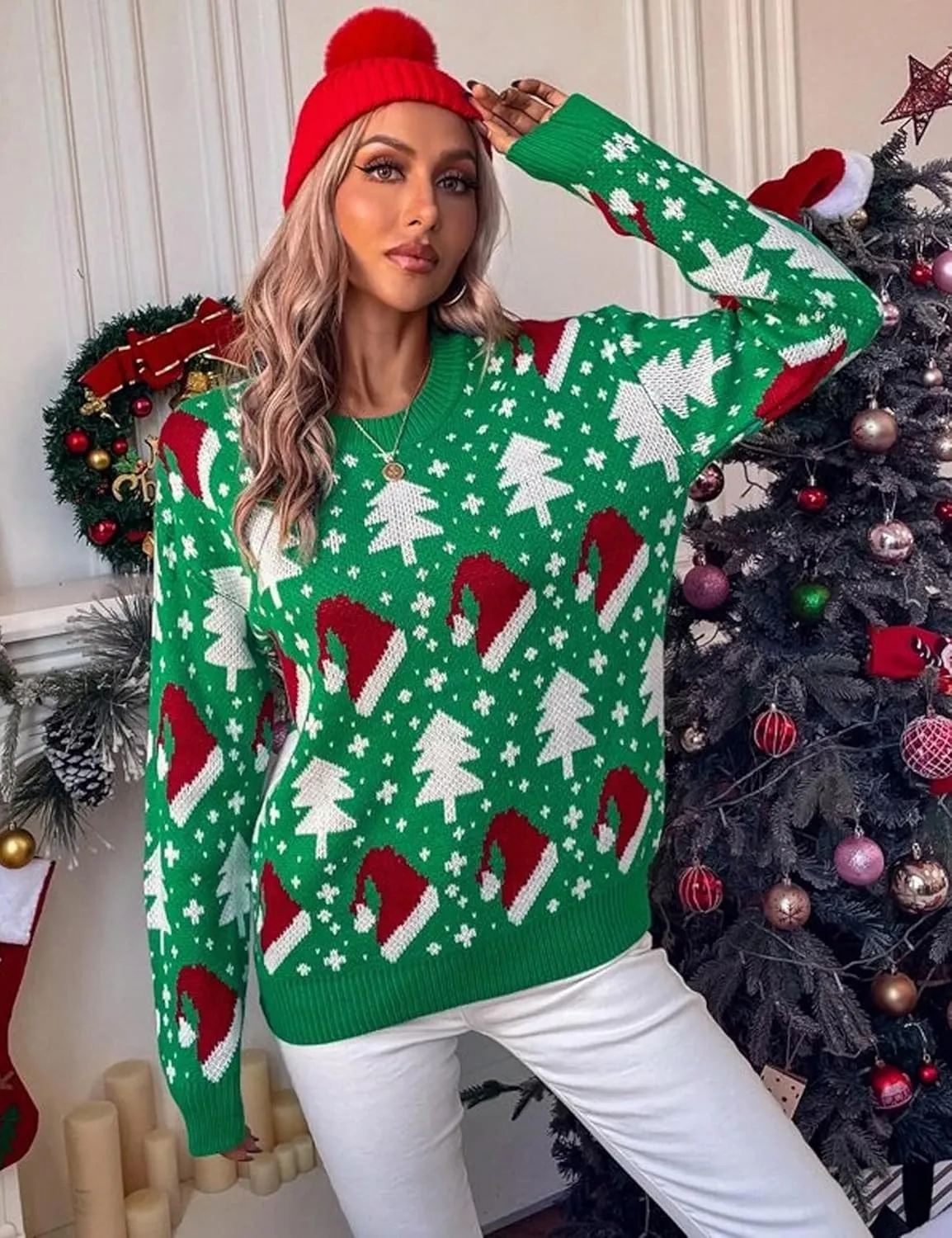 KOJOOIN Ugly Christmas Sweater Funny for Women 2024 Crew Neck Long Sleeve Reindeer Snowflakes Knitted Pullover Sweaters