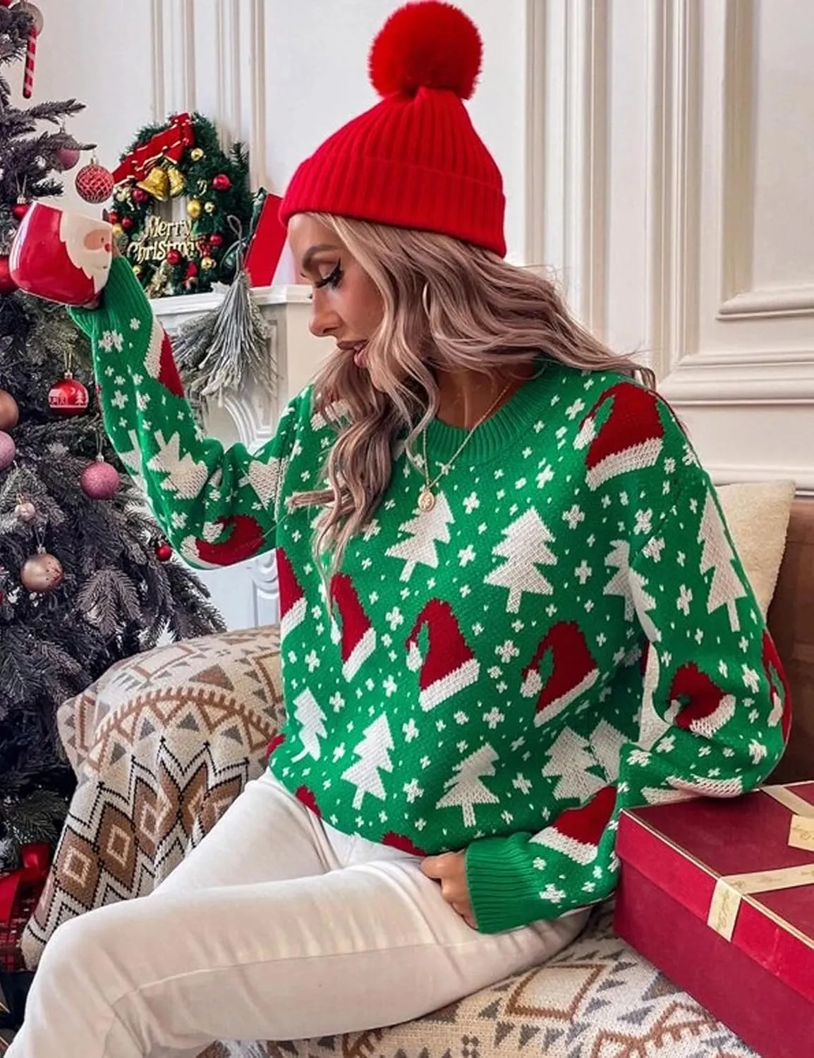 KOJOOIN Ugly Christmas Sweater Funny for Women 2024 Crew Neck Long Sleeve Reindeer Snowflakes Knitted Pullover Sweaters