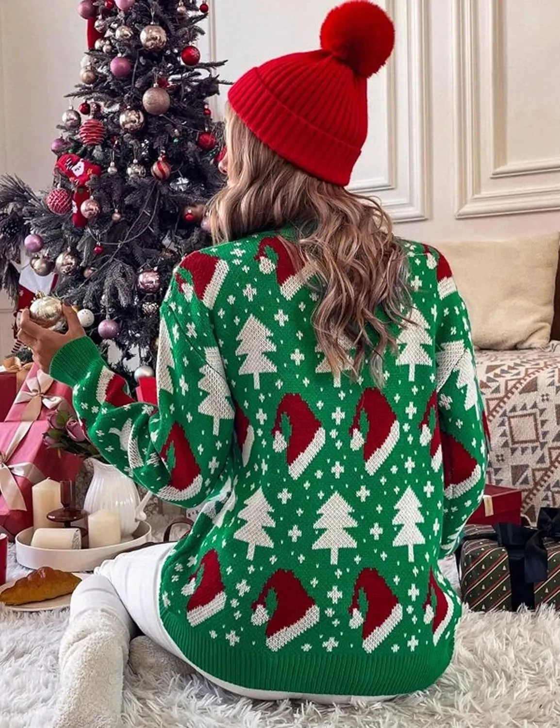 KOJOOIN Ugly Christmas Sweater Funny for Women 2024 Crew Neck Long Sleeve Reindeer Snowflakes Knitted Pullover Sweaters
