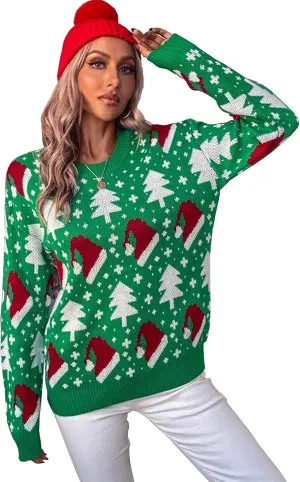 KOJOOIN Ugly Christmas Sweater Funny for Women 2024 Crew Neck Long Sleeve Reindeer Snowflakes Knitted Pullover Sweaters