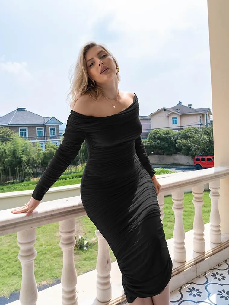 LAGSHIAN Women Sexy Off Shoulder Long Sleeve Bodycon Ruched Midi Elegant Cocktail Party Dress