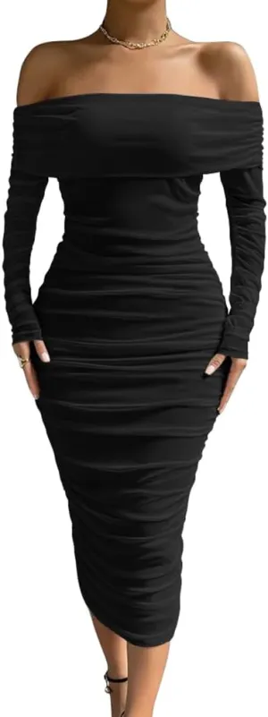 LAGSHIAN Women Sexy Off Shoulder Long Sleeve Bodycon Ruched Midi Elegant Cocktail Party Dress