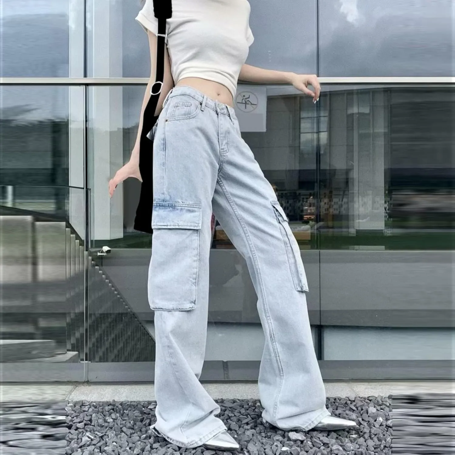 Lightweight Cargo Pants Pocket Belt Casual Jeans Womens High Waist Pants Y2K Pants Corduroy Pants