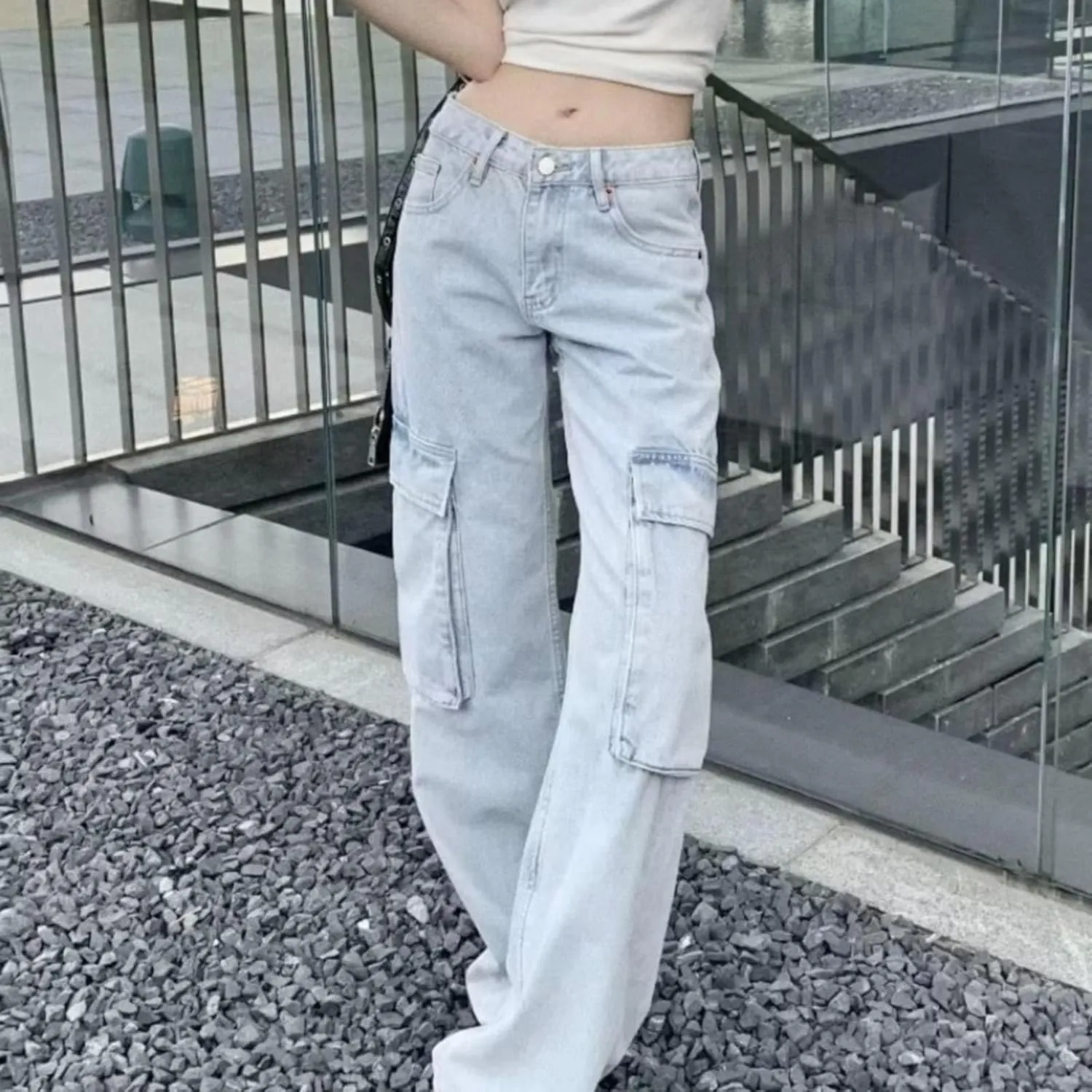 Lightweight Cargo Pants Pocket Belt Casual Jeans Womens High Waist Pants Y2K Pants Corduroy Pants