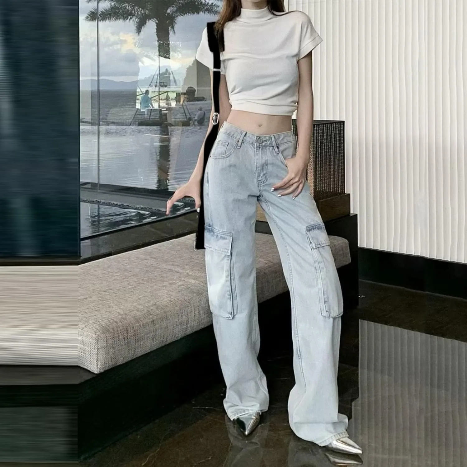 Lightweight Cargo Pants Pocket Belt Casual Jeans Womens High Waist Pants Y2K Pants Corduroy Pants