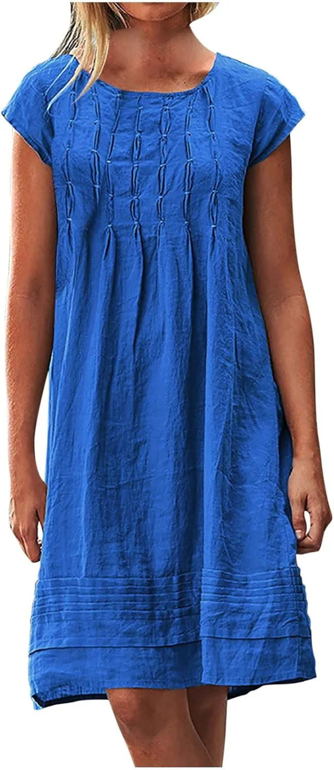 Linen Dress for Women Pleated Summer Dresses Round Neck Short Sleeve Sundress Beach Vacation Casual Mini Dress 2025