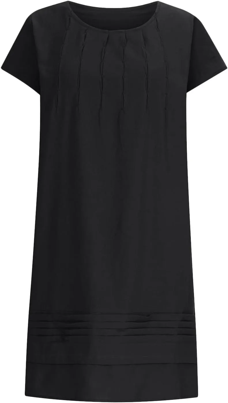 Linen Dress for Women Pleated Summer Dresses Round Neck Short Sleeve Sundress Beach Vacation Casual Mini Dress 2025