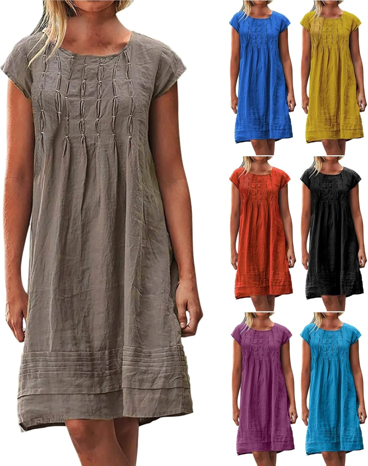 Linen Dress for Women Pleated Summer Dresses Round Neck Short Sleeve Sundress Beach Vacation Casual Mini Dress 2025