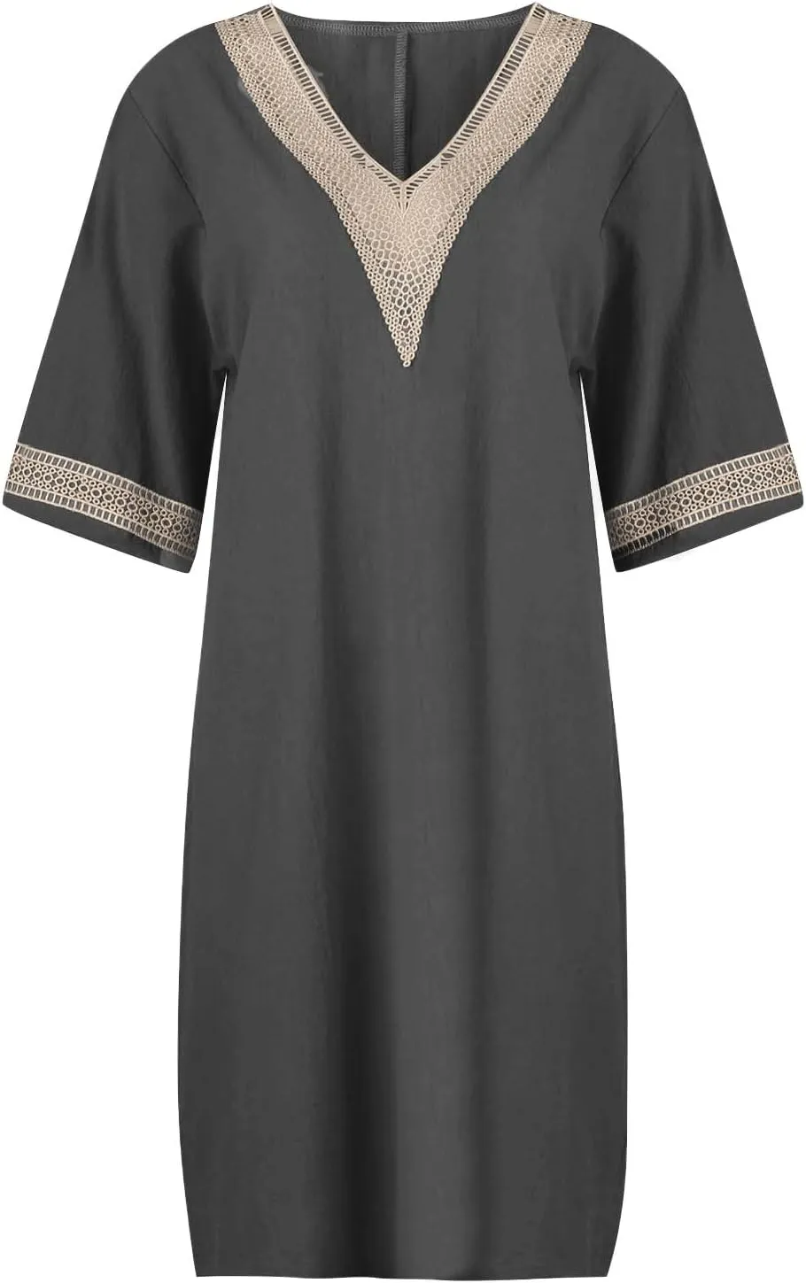 Linen Dresses for Women 2024 Summer 3/4 Sleeve Lace Embroidered V Neck A Line Dress Sexy Beach Vacation T Shirt Dress
