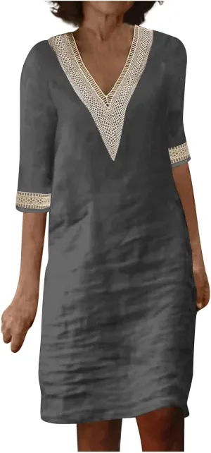 Linen Dresses for Women 2024 Summer 3/4 Sleeve Lace Embroidered V Neck A Line Dress Sexy Beach Vacation T Shirt Dress