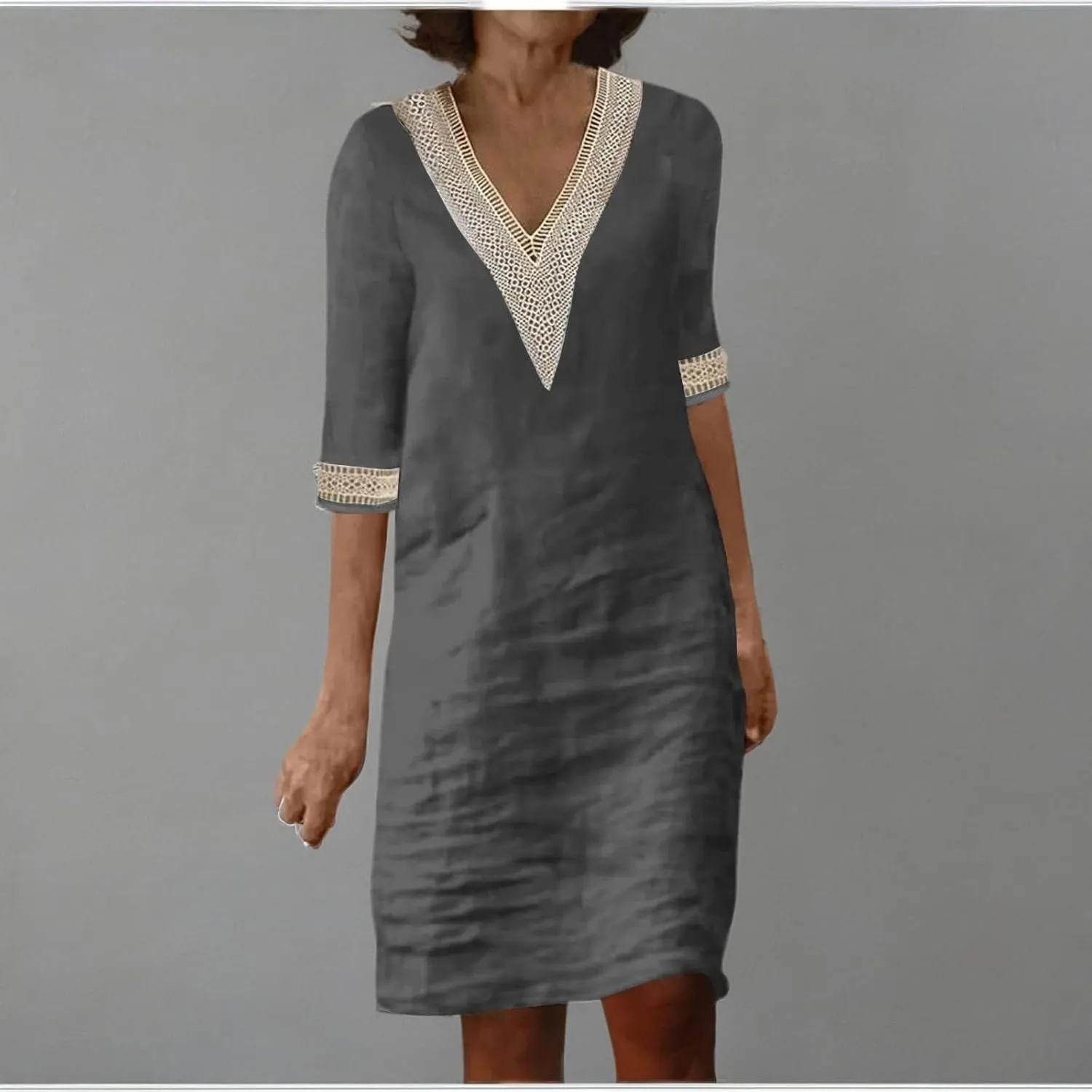 Linen Dresses for Women 2024 Summer 3/4 Sleeve Lace Embroidered V Neck A Line Dress Sexy Beach Vacation T Shirt Dress