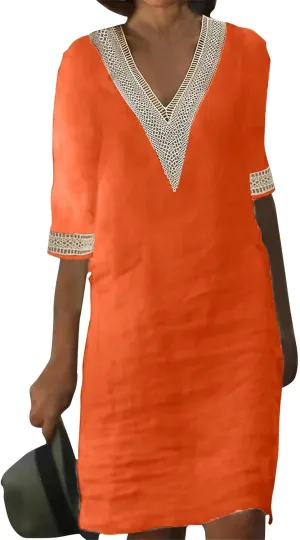 Linen Dresses for Women 2024 Summer 3/4 Sleeve Lace Embroidered V Neck A Line Dress Sexy Beach Vacation T Shirt Dress
