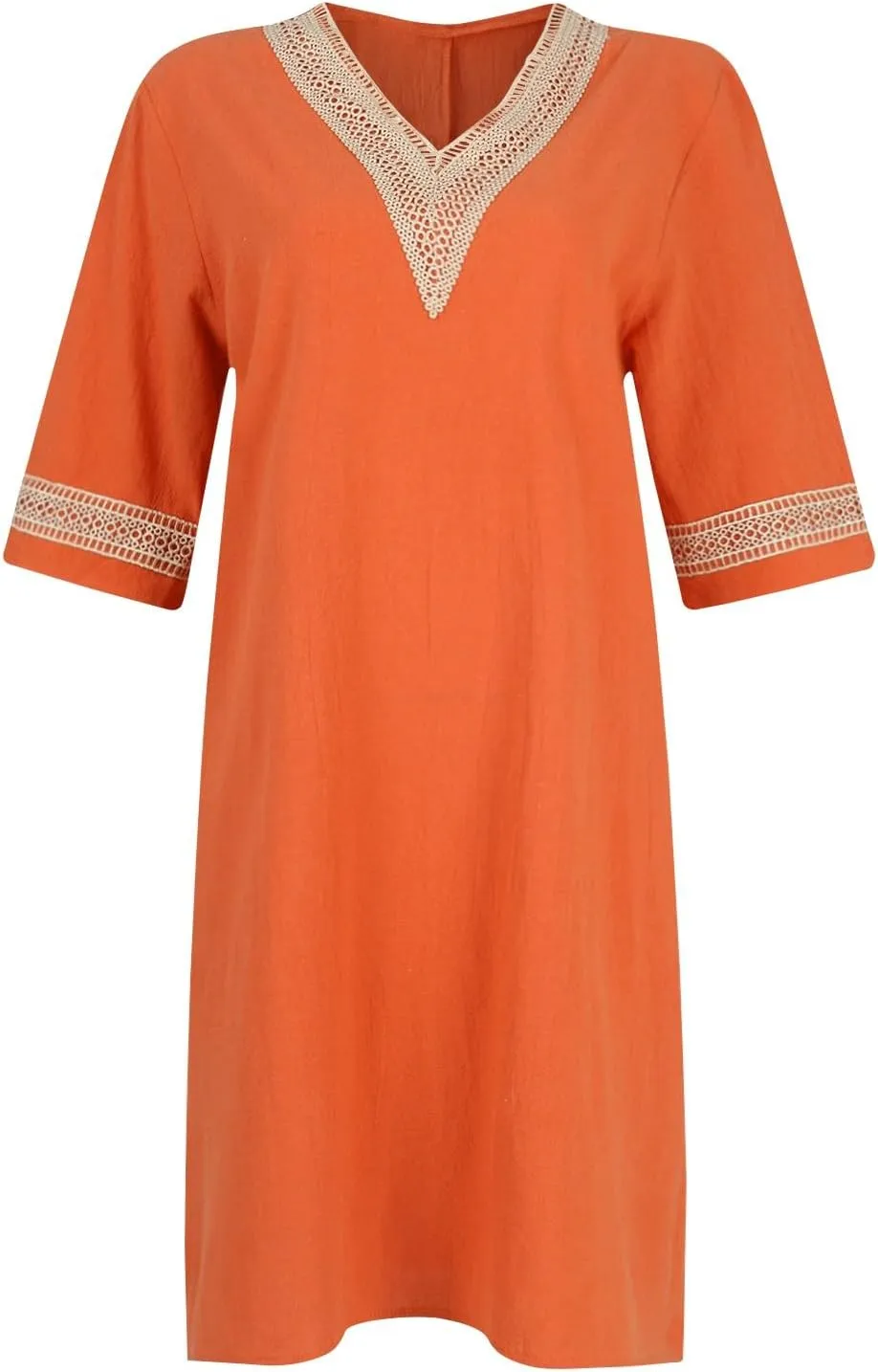 Linen Dresses for Women 2024 Summer 3/4 Sleeve Lace Embroidered V Neck A Line Dress Sexy Beach Vacation T Shirt Dress