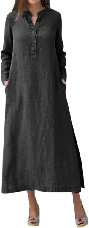 Linen Dresses for Women Button Down Long Sleeve Maxi Loose Dress Casual Flowy Summer Fashion Shirt Dresses 2024
