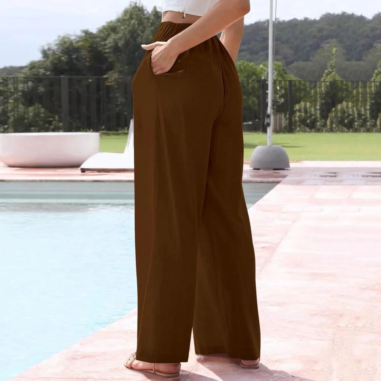 Linen Pants Women Summer Casual Boho Wide Leg Palazzo Pant High Waist Lightweight Flowy Beach Outfits Travel Vacation