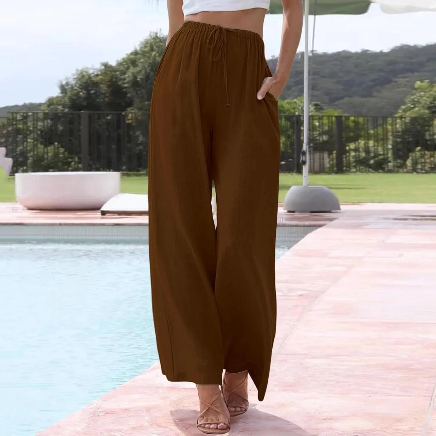 Linen Pants Women Summer Casual Boho Wide Leg Palazzo Pant High Waist Lightweight Flowy Beach Outfits Travel Vacation