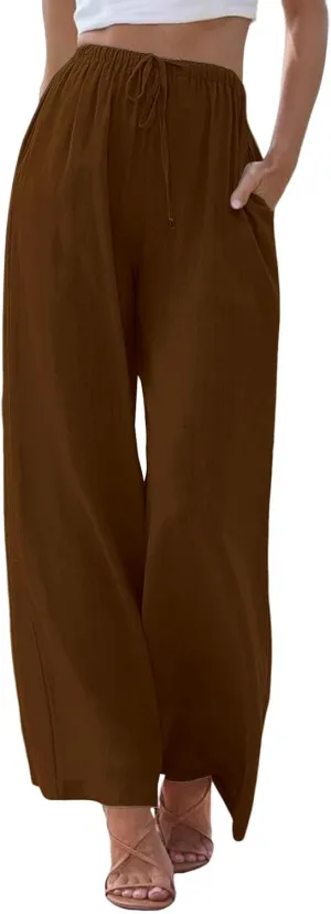 Linen Pants Women Summer Casual Boho Wide Leg Palazzo Pant High Waist Lightweight Flowy Beach Outfits Travel Vacation