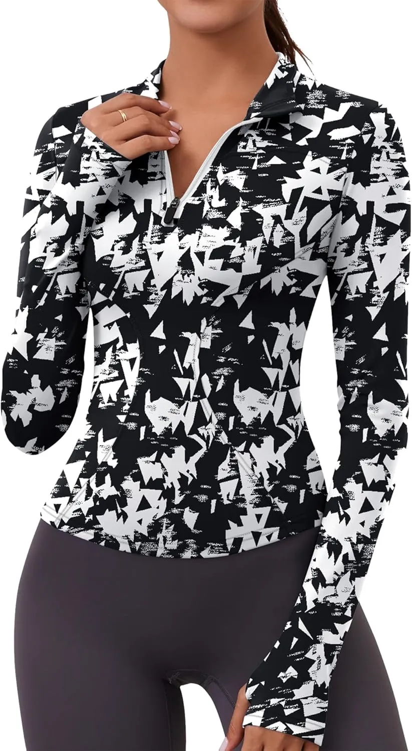 LOMON Womens Long Sleeve Workout Tops Quick Dry Quarter Zip Pullover Crop Yoga Athletic Slim Fit Shirts