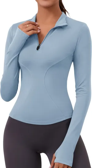 LOMON Womens Long Sleeve Workout Tops Quick Dry Quarter Zip Pullover Crop Yoga Athletic Slim Fit Shirts