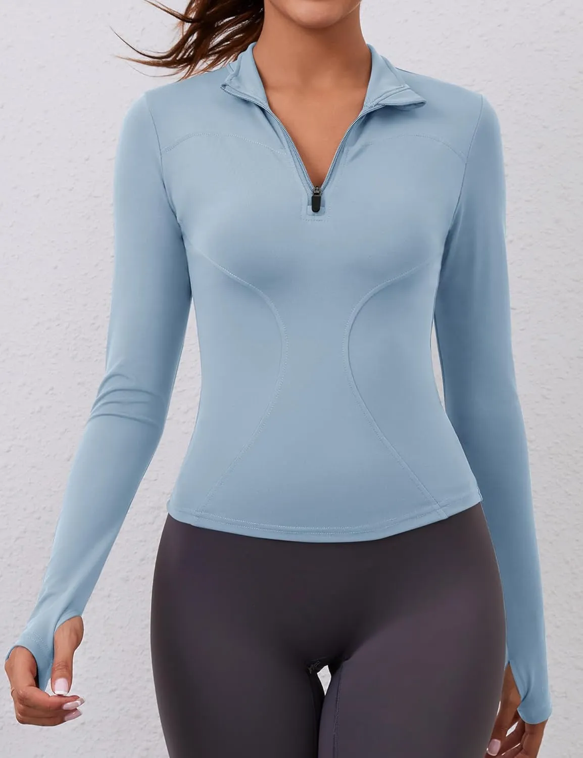 LOMON Womens Long Sleeve Workout Tops Quick Dry Quarter Zip Pullover Crop Yoga Athletic Slim Fit Shirts
