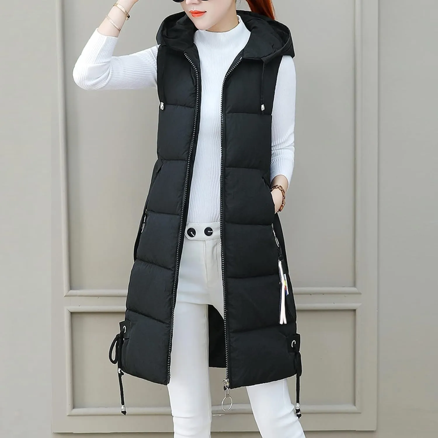 Long Puffer Vest for Women,2023 Winter Warm Puffy Zipper Sleeveless Oversized Fleece Plus Size Down Jacket Coat