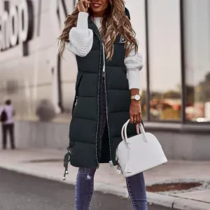 Long Puffer Vest for Women,2023 Winter Warm Puffy Zipper Sleeveless Oversized Fleece Plus Size Down Jacket Coat
