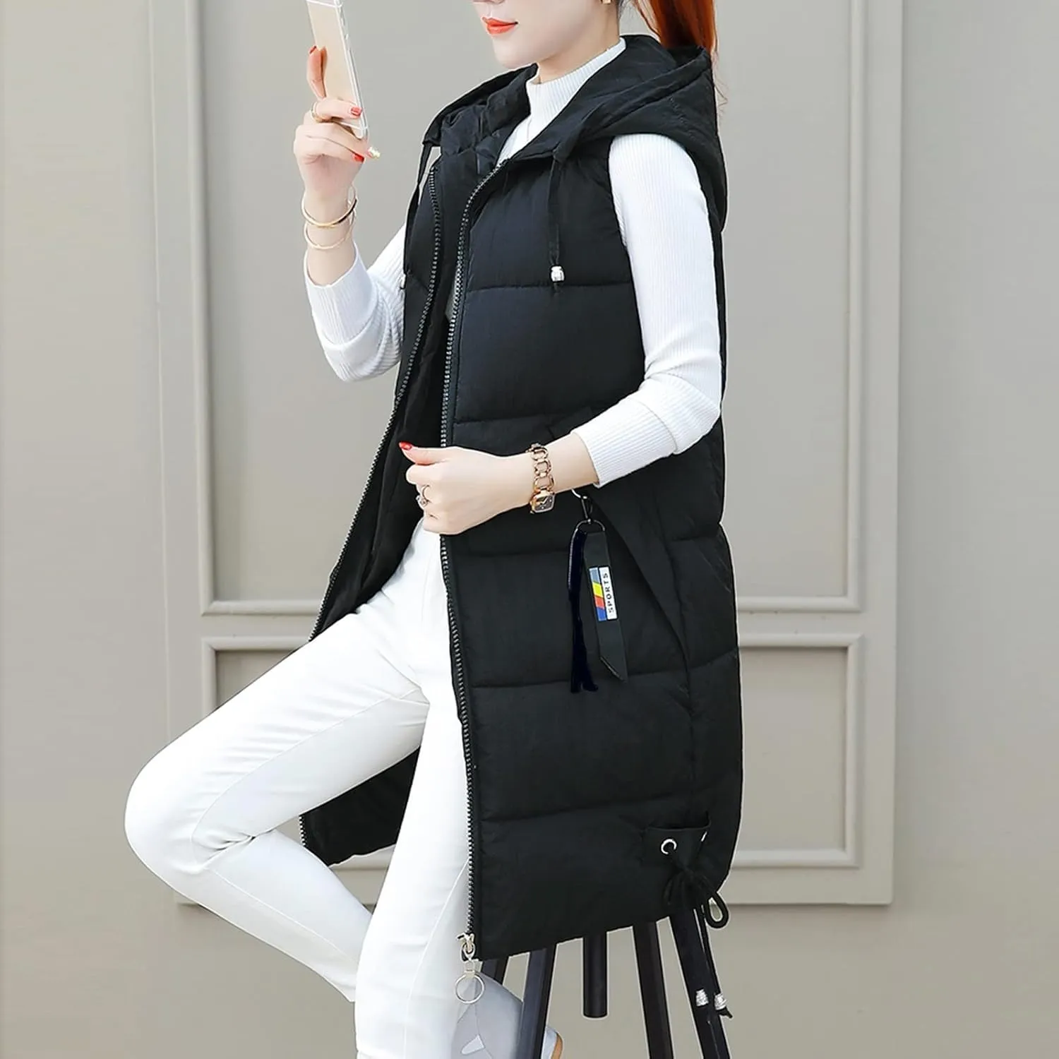 Long Puffer Vest for Women,2023 Winter Warm Puffy Zipper Sleeveless Oversized Fleece Plus Size Down Jacket Coat