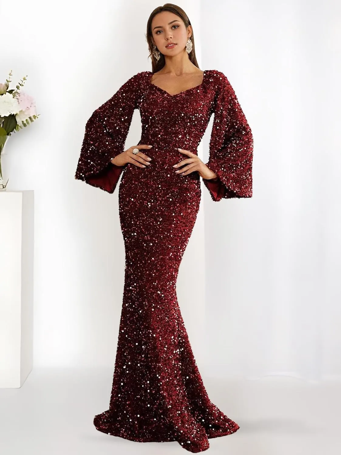 Long Sleeves Evening Gown Mermaid Ball Gowns for Women Sequins Prom Dresses Formal Gowns Evening Party Dress