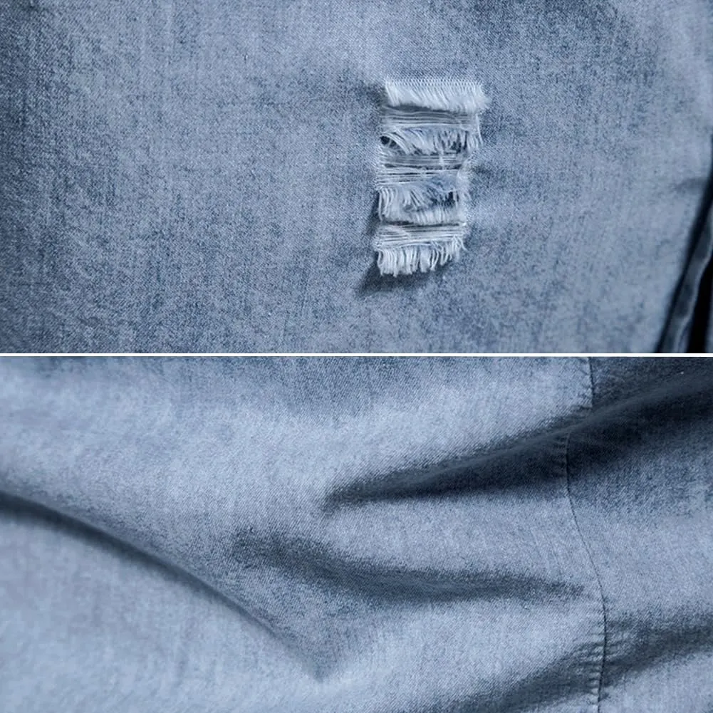 LONGBIDA Mens Denim Shirt Button Down Long Sleeve Casual Slim Fit Shirts