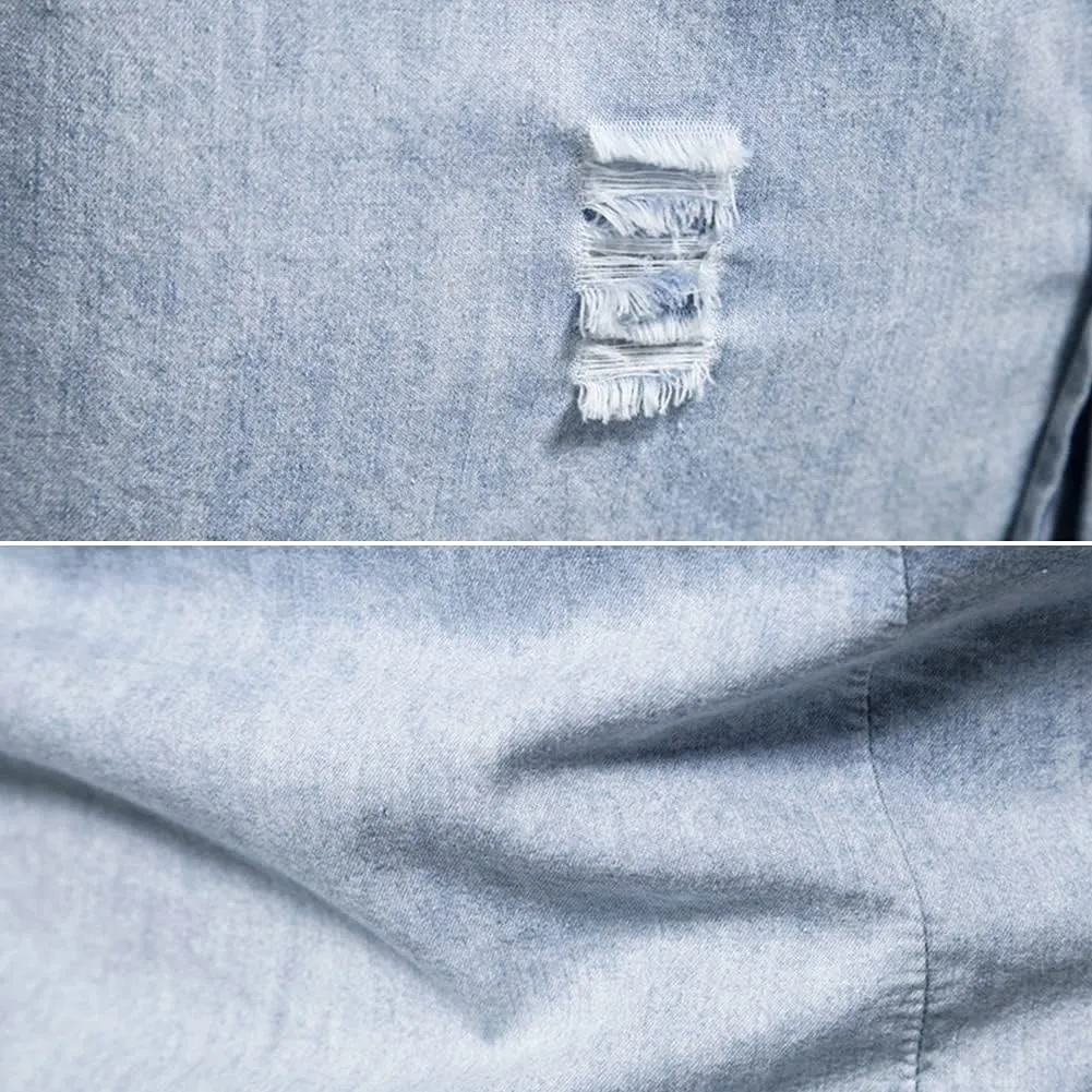 LONGBIDA Mens Denim Shirt Button Down Long Sleeve Casual Slim Fit Shirts