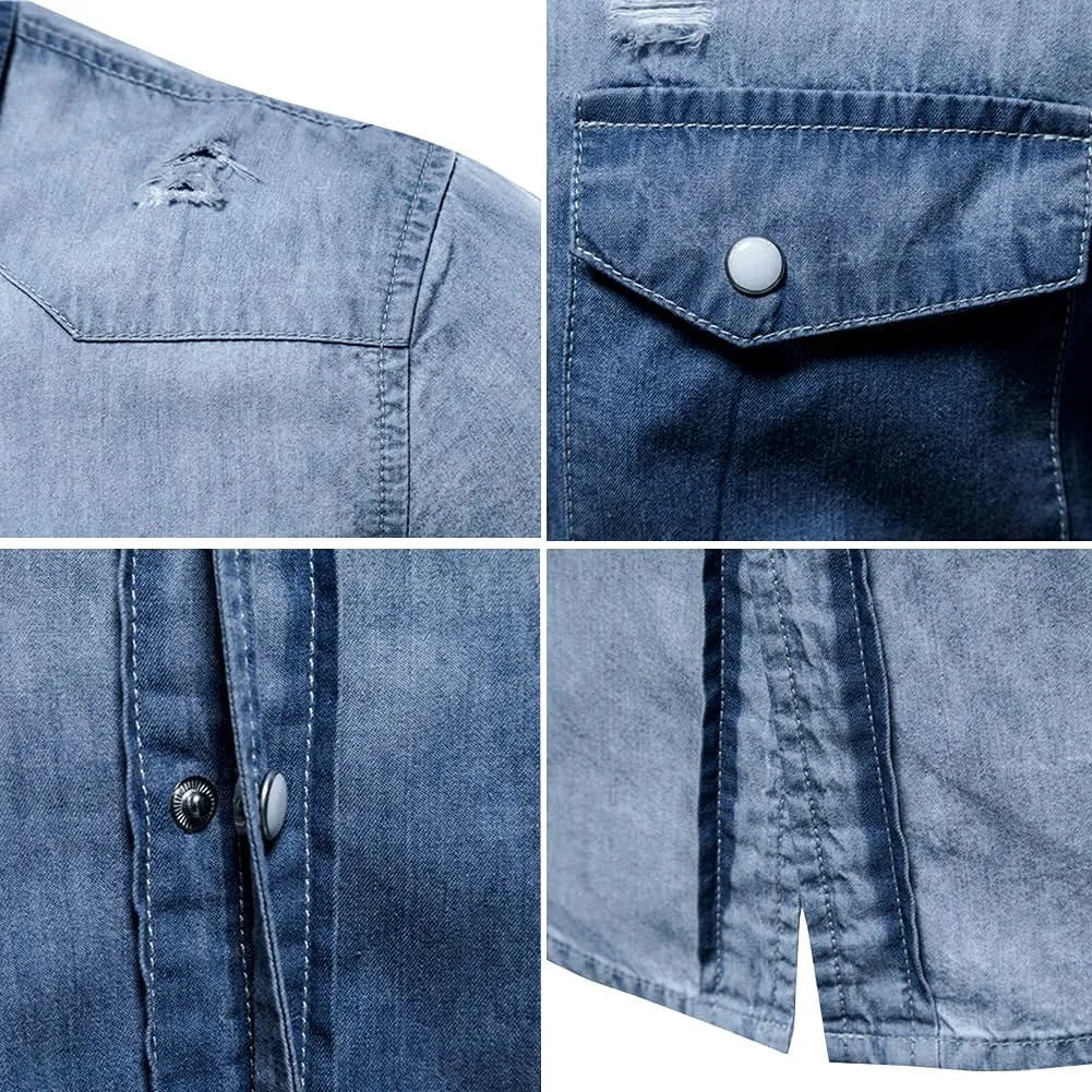 LONGBIDA Mens Denim Shirt Button Down Long Sleeve Casual Slim Fit Shirts